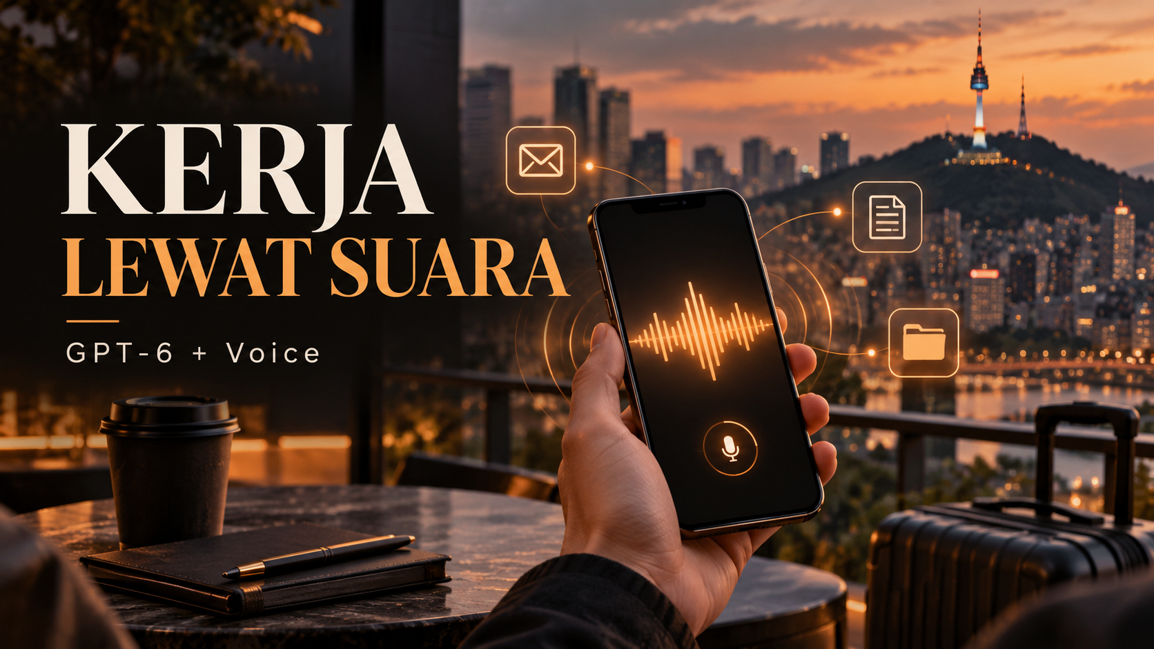 Ilustrasi kerja lewat suara dari Seoul dengan ponsel dan AI assistant